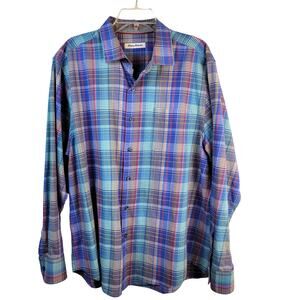 Tommy Bahama Shirt Men's L Blue Plaid Cotton Silk Blend Preppy Coastal Casual